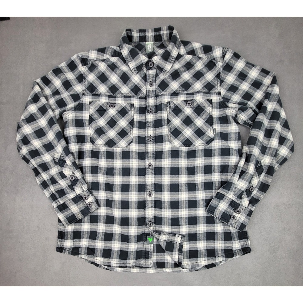 Stio Miter Flannel Shirt Men Medium Black Gray White Plaid Button Up Lightweight